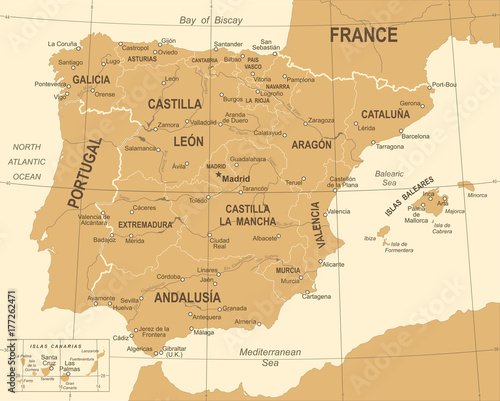 Fototapeta Hiszpania mapa - Vintage ilustracji wektorowych