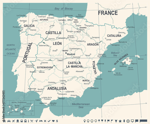Spain Map - Vintage Vector Illustration