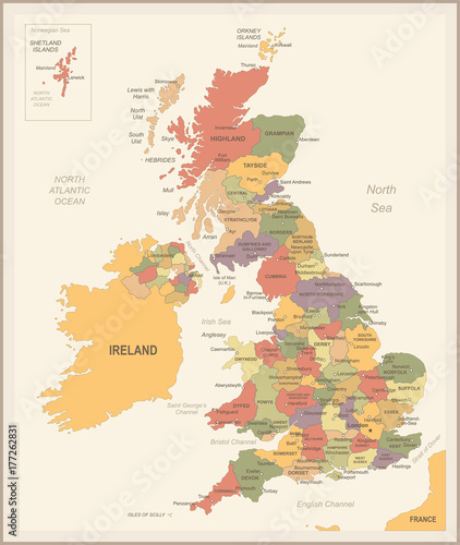 United Kingdom Map - Vintage Vector Illustration