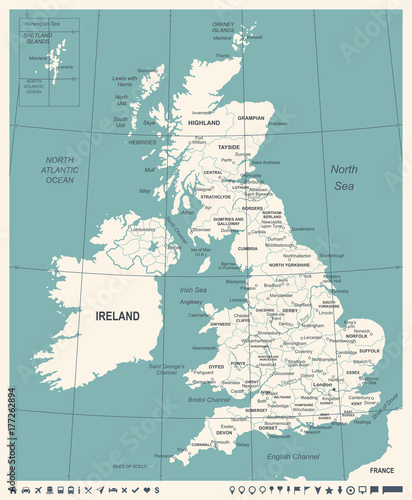 Photo United Kingdom Map - Vintage Vector Illustration