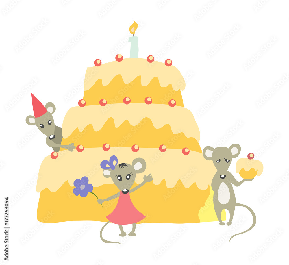 Obraz premium Birthday cake with candle and three cute mice. Isolated on white.