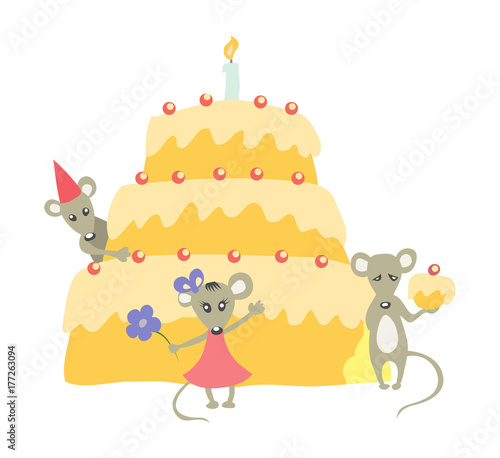 Birthday cake with candle and three cute mice. Isolated on white. © koshkamurka