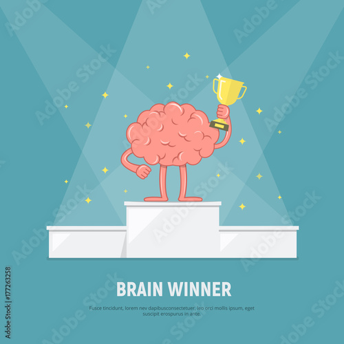 Cartoon brain stands on the winners podium. Brain with winners cup. Concept success.