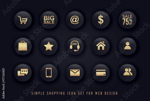 simple shopping icon gold on black button background vector set for website e-commerce