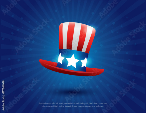 Uncle Sam's hat vector. 4 of July celebration icon. happy independence day banner template design. usa or american hat symbol with stars on blue background