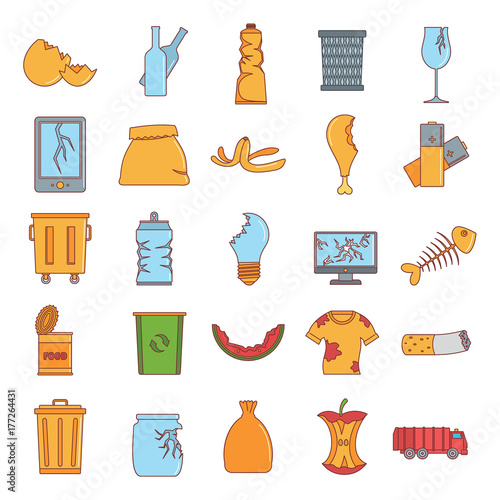 Garbage icon set, cartoon style