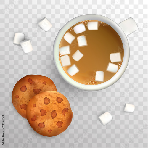 Cup of coffee with marshmallow and cookies with chocolate. Top view. Cup of coffee and cookies for breakfast, isolated vector illustration