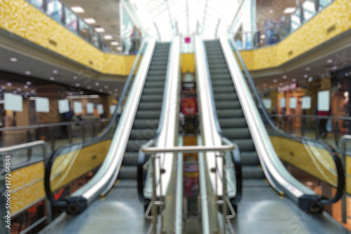 Defocused image of the escalator in the shopping center.