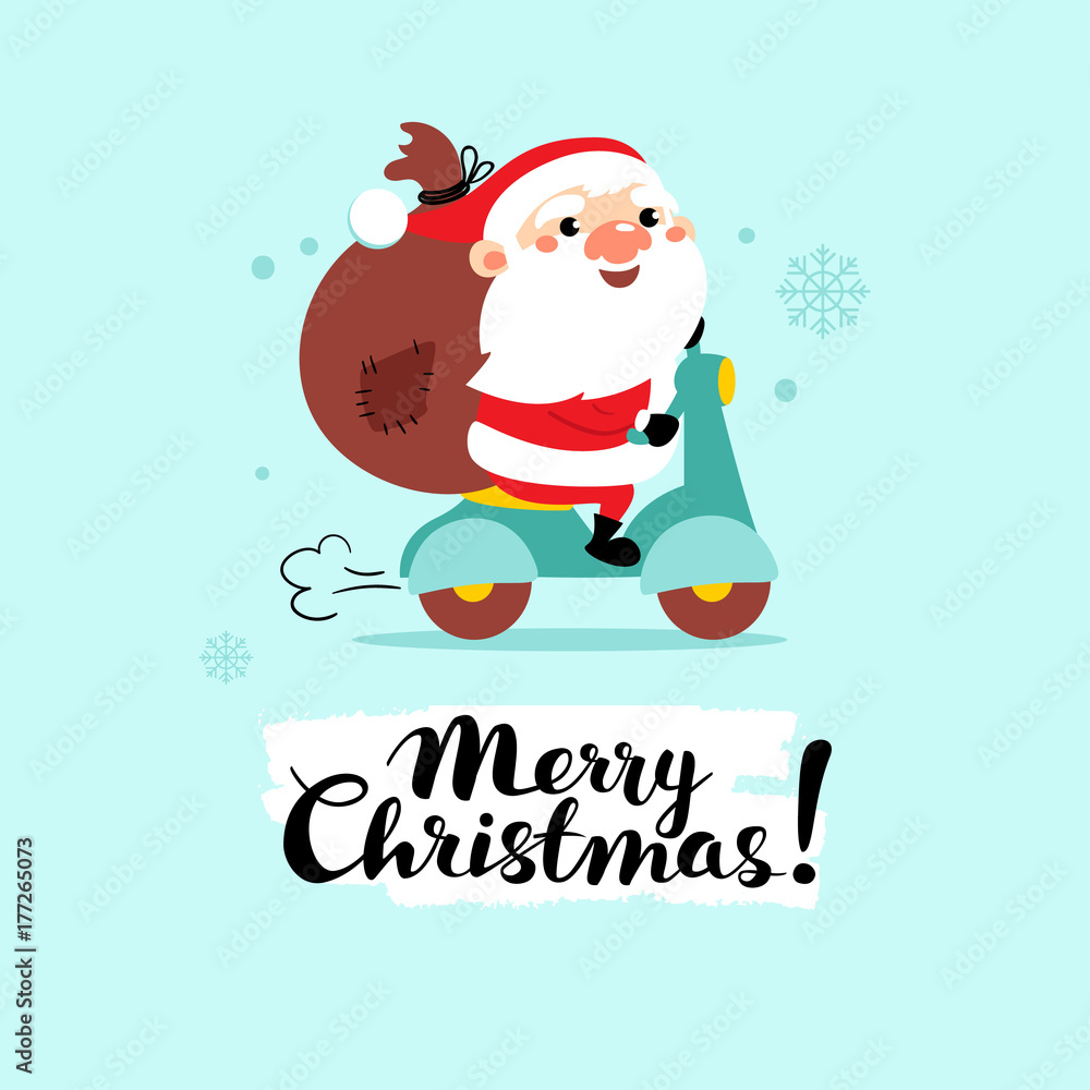 Santa Claus on a motorcycle with gifts in a bag. Cartoon vector illustration.Merry Christmas!