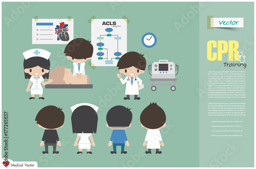 CPR training . Medical team are teaching about cardiopulmonary resuscitation in hospital . Vector . Flat design