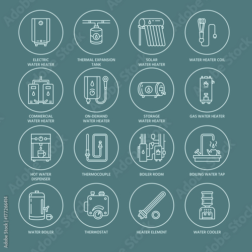 Water heater, boiler, thermostat, electric, gas, solar heaters and other house heating equipment line icons. Thin linear pictogram with editable strokes for hardware store. Household appliances signs.