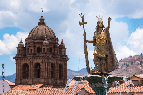 Statue of Pachacuti in the Plaza de Armas, Cusco, Peru.