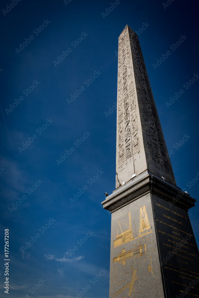Egyptian Luxor obelisk with hieroglyphics. Place de la Concorde. Paris, France. 
