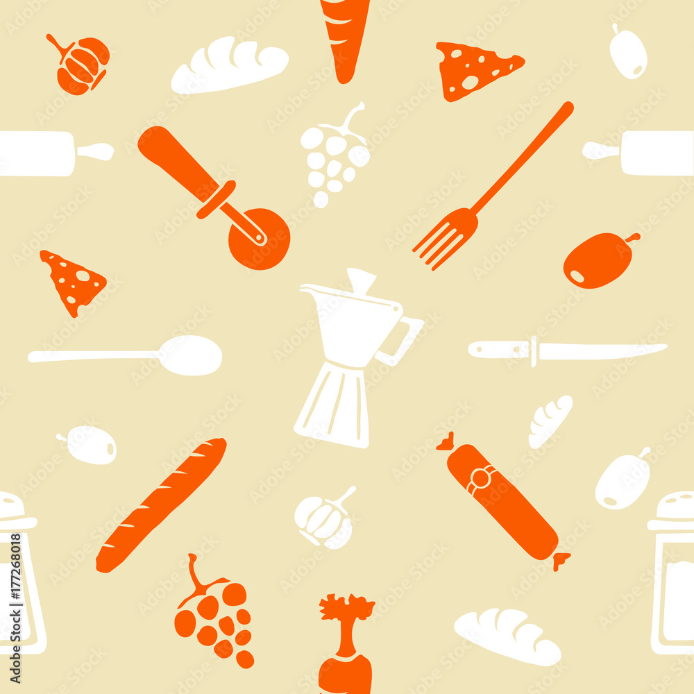 Seamless food and kitchen pattern background Seamless food and kitchen pattern background
