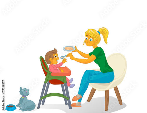 Mother with kid and cat on white isolated background
