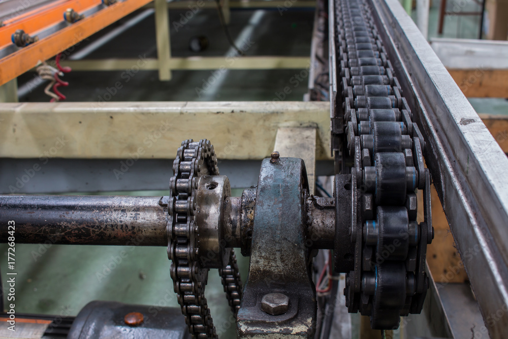 The conveyor belt and conveyor chain in production line. The conveyor belt and conveyor chain in production line.