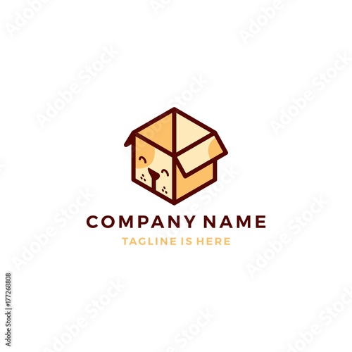 cute dog box cube pet subscription icon logo template vector illustration