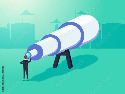 Vision concept in business with vector icon of businessman and telescope, monocular. See the big picture.