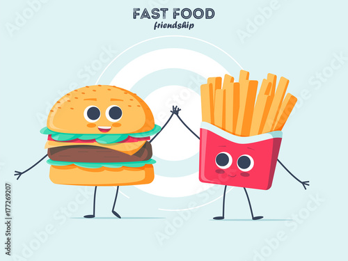 Vintage food poster design with burger and fries character.