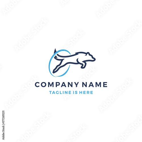 jumping dog with a round obstacle vector logo template illustration