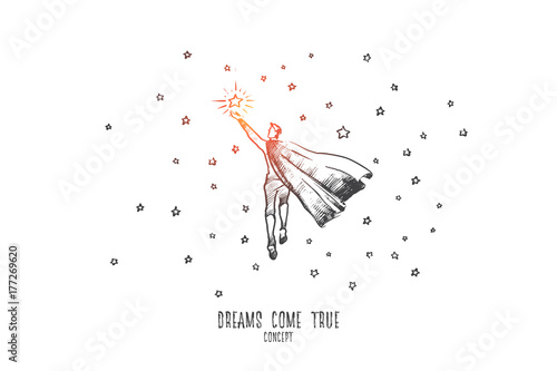 Dreams come true concept. Hand drawn man catch a star. Happy man achieved the goal isolated vector illustration.