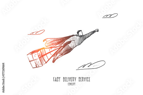 Fast delivery service concept. Hand drawn superhero shipping a parcel. Deliverer holding a box isolated vector illustration.