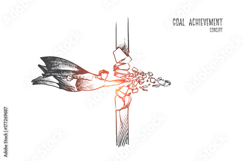 Goal achievement concept. Hand drawn superhero brocking the wall. Success man crashing brick wall to achieve goal isolated vector illustration.