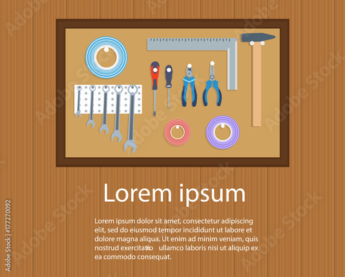Flat vector illustration working tools on wooden top view