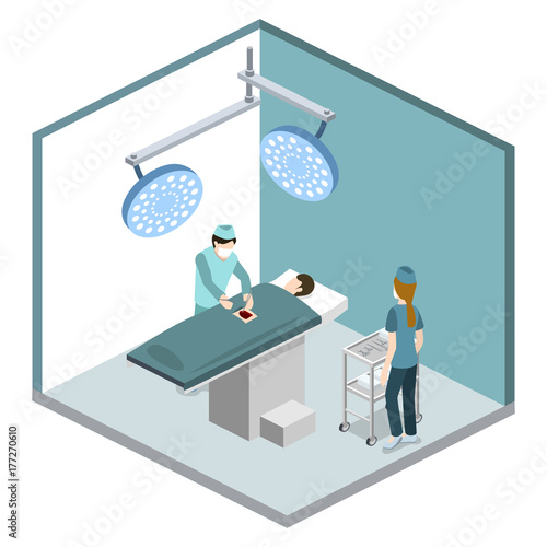 Isometric 3D vector illustration surgeon operates on the patient