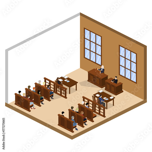 Isometric 3D vector illustration concept the judge conducts the trial.