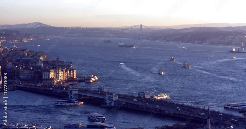aerial view of galata bridge at sunrise aerial view of galata bridge at sunrise