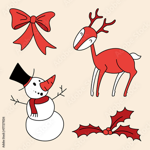 Christmas hand drawn vector set with, holly berries, smiling snowman, xmas gift saten bow and deer