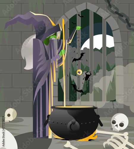 witch in dungeon making a potion