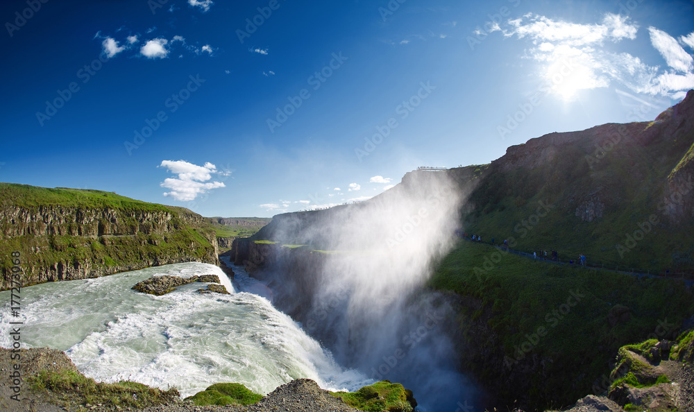 famous Gullfoss waterfall in southern Iceland. treking in Iceland. Travel and landscape photography concept