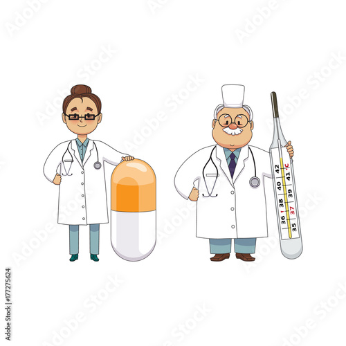 Fototapeta Naklejka Na Ścianę i Meble -  Funny woman and elder man doctor with giant pill and thermometer, medical care concept, flat vector illustration isolated on white background. Flat style doctors with huge medical care objects