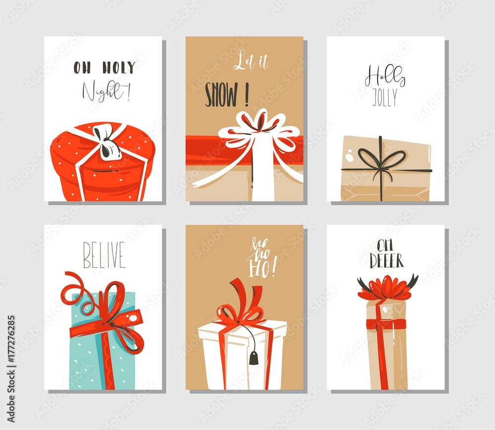 Hand drawn vector abstract fun Merry Christmas time cartoon cards or tags collection set with cute illustrations of surprise gift boxes and modert typography isolated on craft paper background