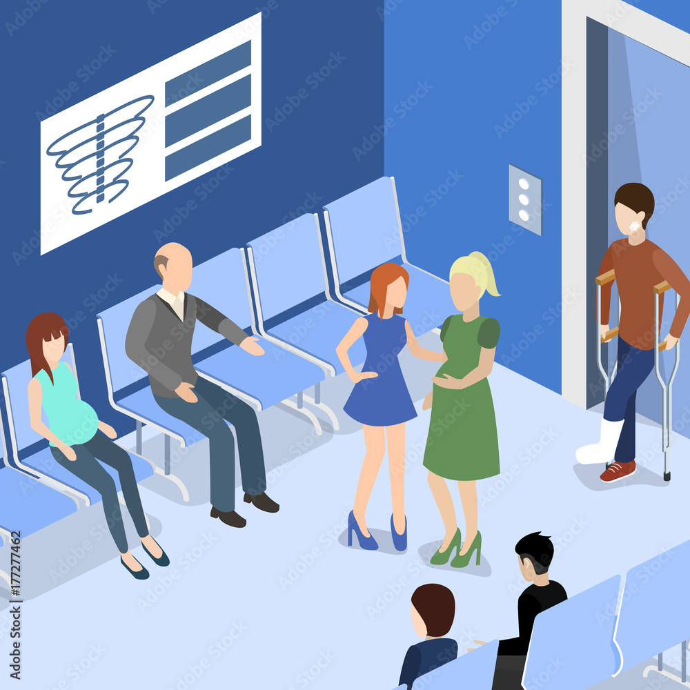 patients waiting for an elevator and waiting room for a doctor
