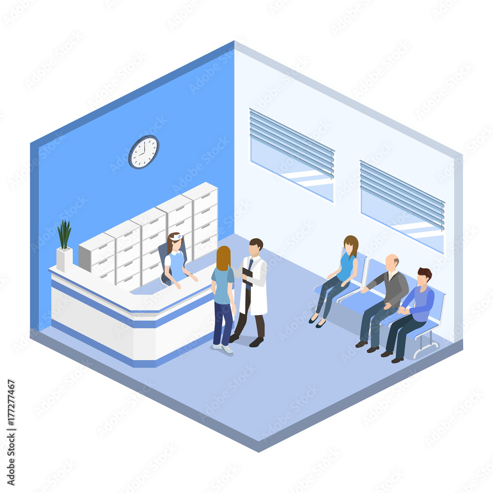 Isometric 3D vector illustration hospital reception with patients Isometric 3D vector illustration hospital reception with patients