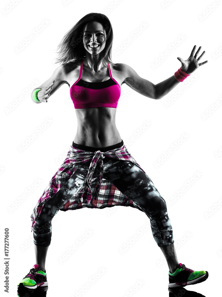 Obraz premium one caucasian woman zumba fitness exercises dancer dancing isolated in silhouette on white background