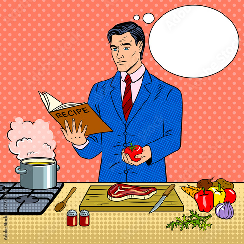 Man in business suit cooking food pop art vector