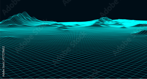 Abstract digital landscape with particles dots and stars on horizon. Wireframe landscape background. Big Data. 3d futuristic vector illustration. 80s Retro Sci-Fi Background