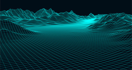 Leinwandbilder Schwarz Abstract digital landscape with particles dots and stars on horizon. Wireframe landscape background. Big Data. 3d futuristic vector illustration. 80s Retro Sci-Fi Background  © Maxim