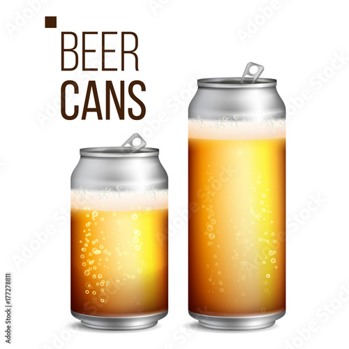 Beer Cans Vector. 500 and 330 ml Can Blank. Beer Background Texture With Foam And Bubbles. Isolated Illustration