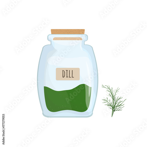 Dried dill stored in glass jar isolated on white background. Aromatic herb, f...