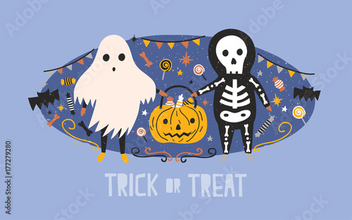 Children dressed in Halloween costumes of ghost and skeleton carrying pumpkin bag full of candies, lollipops and sweets against holiday decorations on background