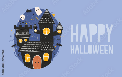 Happy Halloween horizontal holiday banner with gloomy haunted castle, funny ghosts and bats flying against dark starry night sky on background
