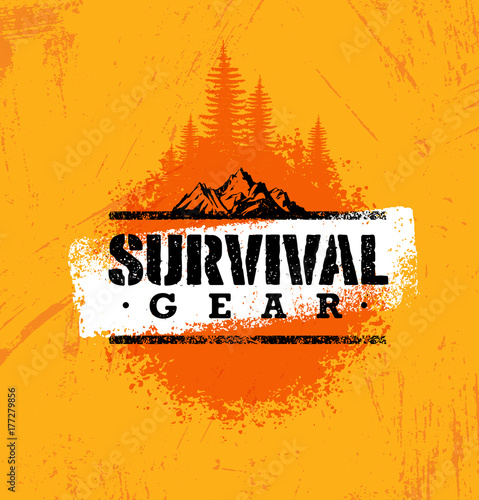 Survival Gear Extreme Outdoor Adventure Creative Design Element Concept On Rough Stained Background photo