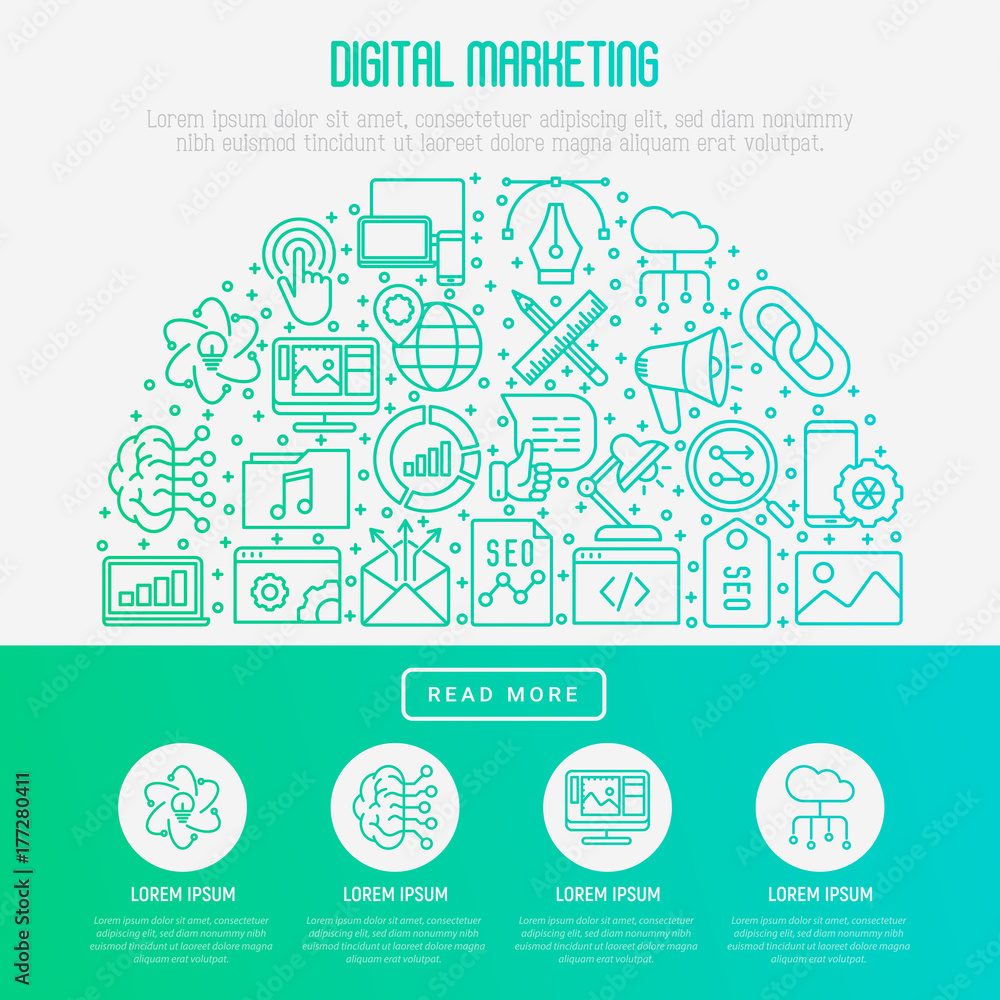 Digital marketing concept in half circle with thin line icons: searching idea, development, optimization, management, communication. Vector illustration for banner, web page, print media.