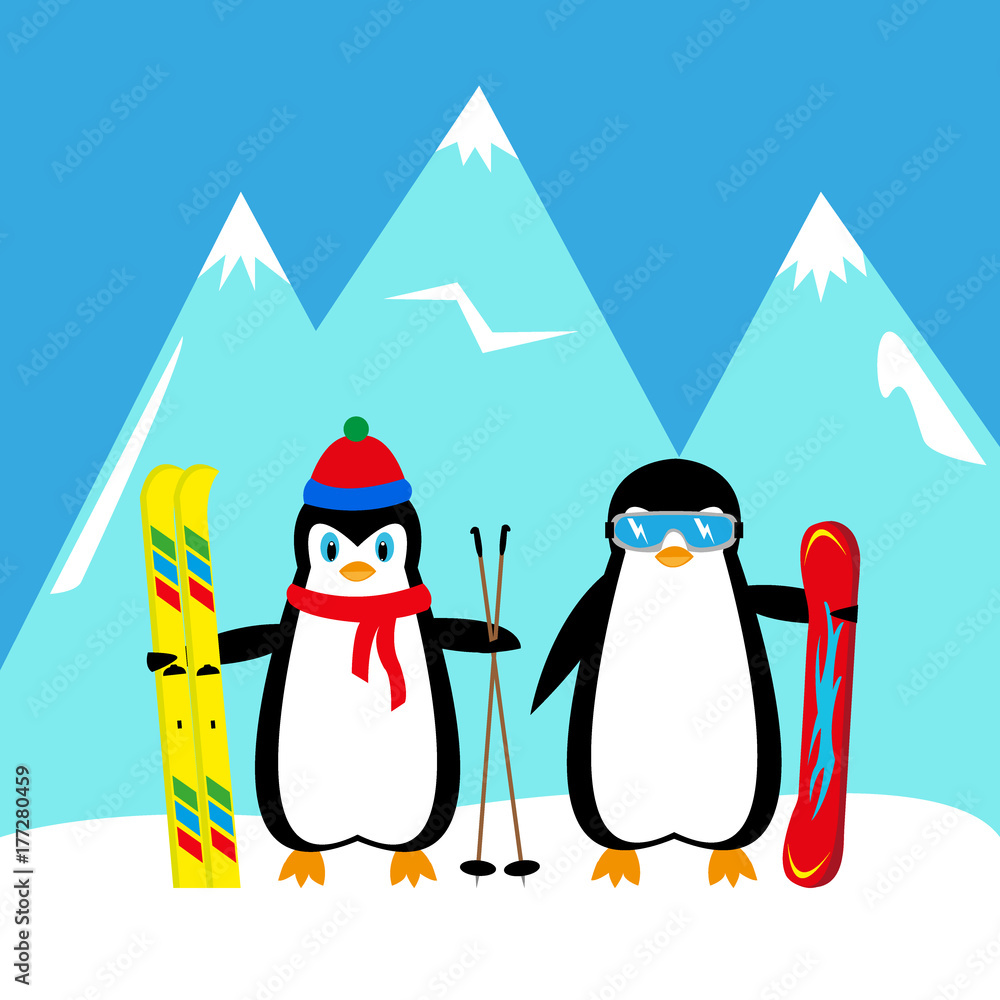 Obraz premium cartoon penguins snowboarder and skier
