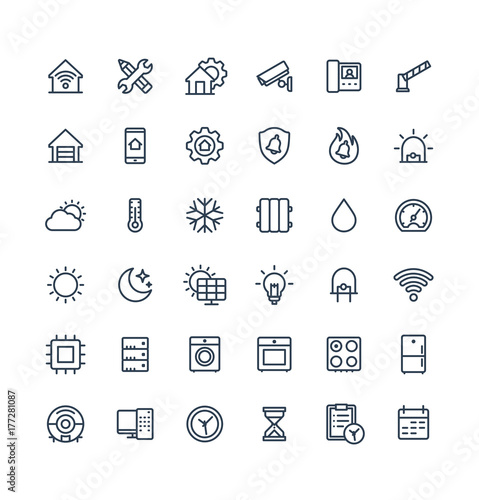 Vector thin line icons set, graphic design elements. Illustration with home, smart house, outline symbols. Robot vacuum cleaner, oven, device, security, wireless remote control system linear pictogram